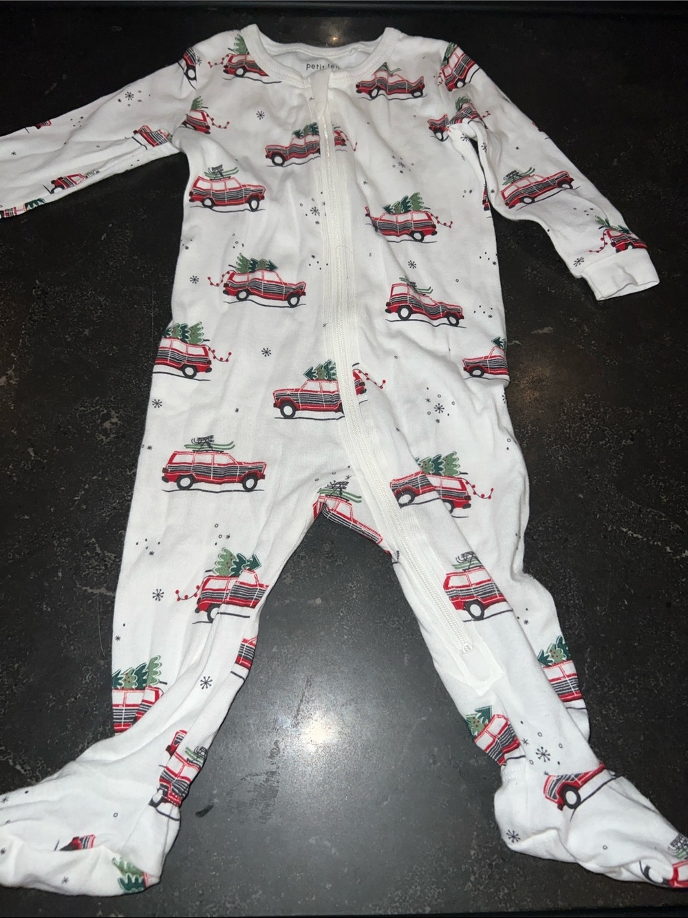 Petit Lem Cozy Kids White Holiday Tree-Print One-Piece Pajamas